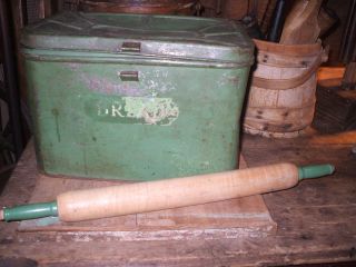 Olde Primitive Antique Vintage Green Tin Bread Box And Rolling Pin photo