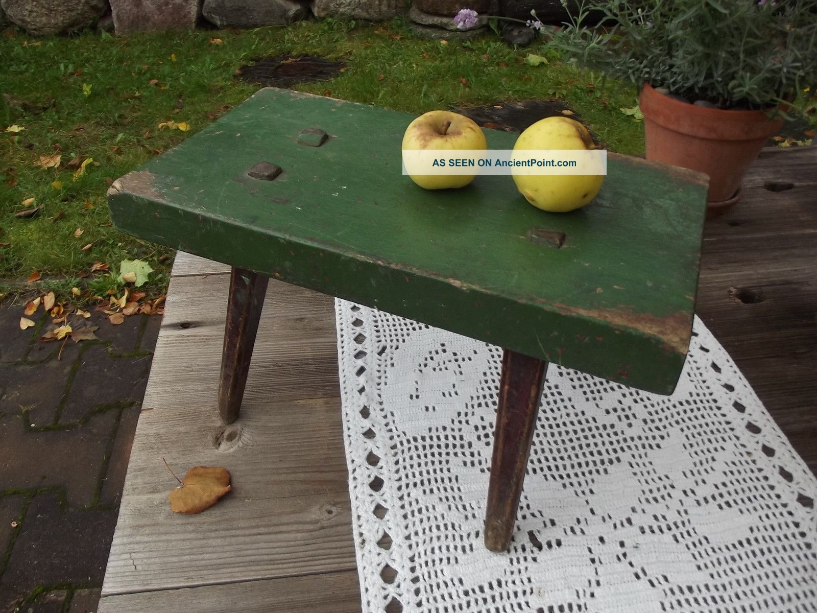 19 Century Antique Wooden Handmade Small Rustic Bench Folk Art Paint Primitives photo
