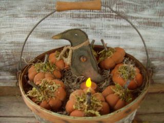 Primitive Fall Halloween Splint Wood Basket~with Pumpkins~crow~light~leaves~wow photo