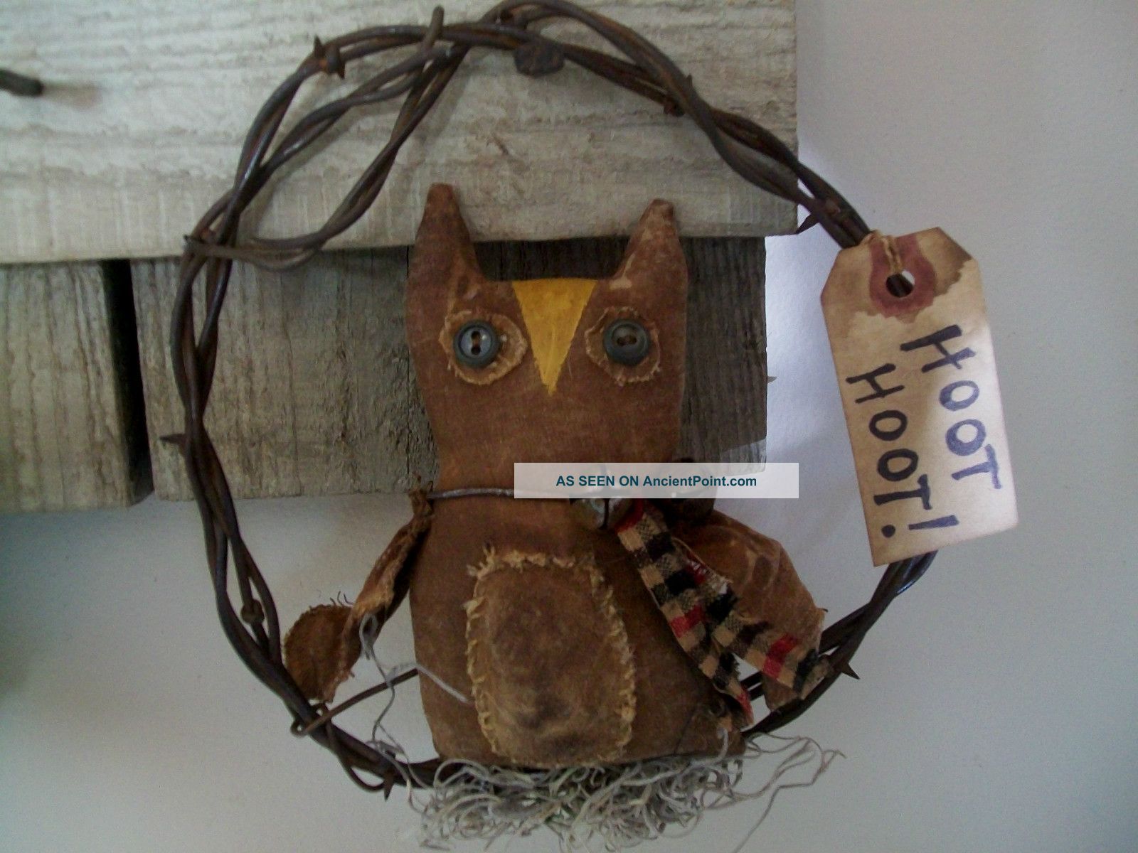 Primitive Folky Hoot Owl~rusty Barb Wire Wreath~angela ' S Attic Primitives photo