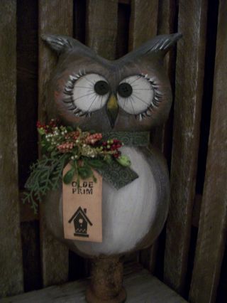 Primitive Large Owl Bobbin == Berries Doll == 13 X 7 X 3 1/2 In.  == photo