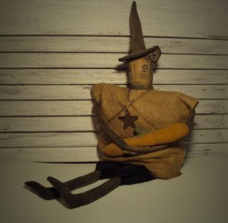 Primitive Folk Art Extreme Handmade Halloween Black Witch Doll Pumpkin Ornie photo