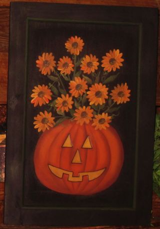 ~ Primitive ~ Hp Folk Art Jack - O - Lantern Full Of Sunflowers ~ Fall~ Door Panel photo