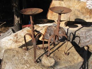 Primitive Black/rust Iron Hearthside Candle Holders Country Shabby Chic Vintage photo