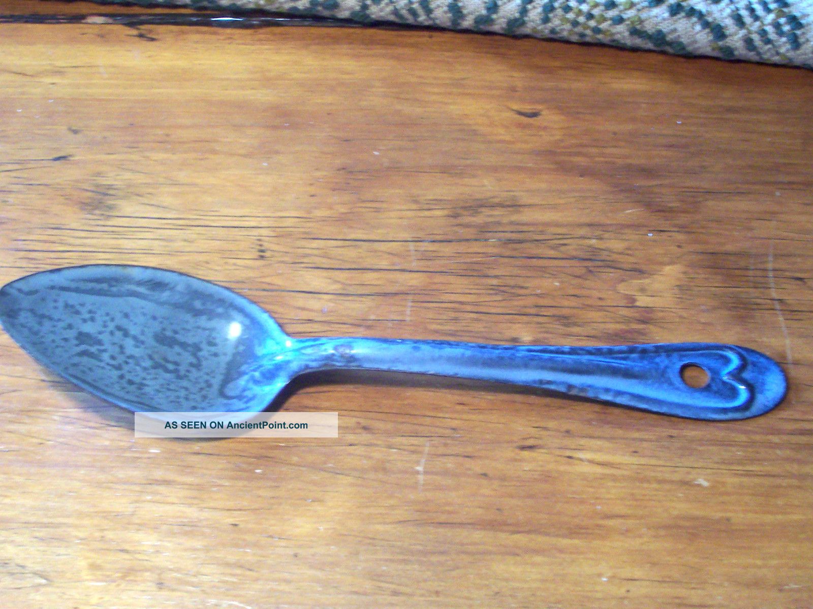 Old Gray Graniteware Soup Spoon W/heart Motif Primitives photo