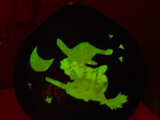 Handcrafted With Green Light Carved Gourd Witch On Broomstick Moon,  Stars,  Stain photo