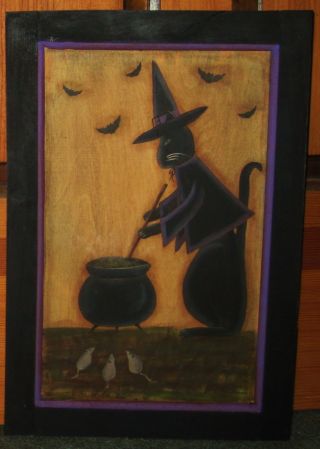 ~ Primitive ~ Hp Folk Art Black Cat Witch ~ Cauldron ~ Mice ~ Door Panel photo