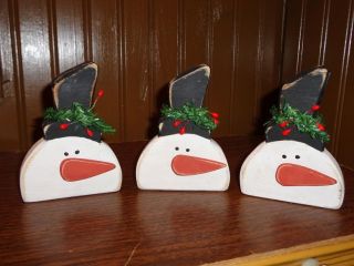 3 Primitive Wooden Frosty Snowmen Bowl Fillers Ornies Cupboard Tucks photo