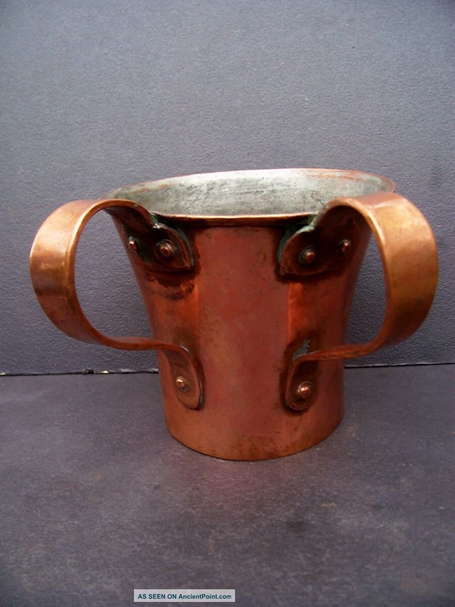 Antique Primitive Heavy Dovetailed Copper Cup Mug W/ Brass Seam & 2 Handles Primitives photo