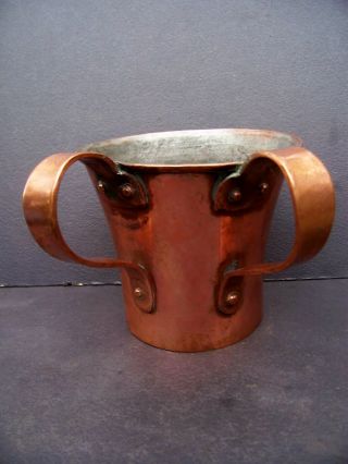 Antique Primitive Heavy Dovetailed Copper Cup Mug W/ Brass Seam & 2 Handles photo