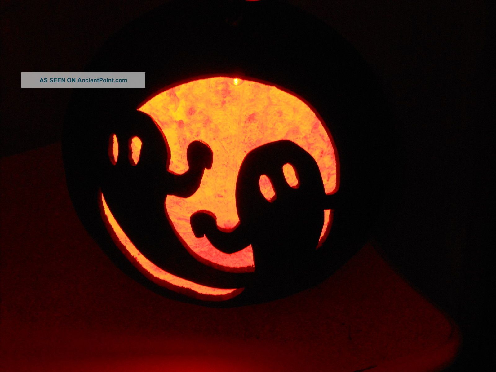Handcrafted With Orange Light Carved Bushel Gourd With Two Ghosts,  Stained Primitives photo
