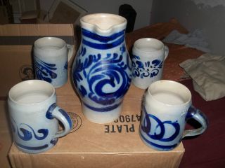 5 Peice Set Cobalt Blue Stoneware Set.  Mugs Have C.  5l On Them.  Picher Has 1/12. photo