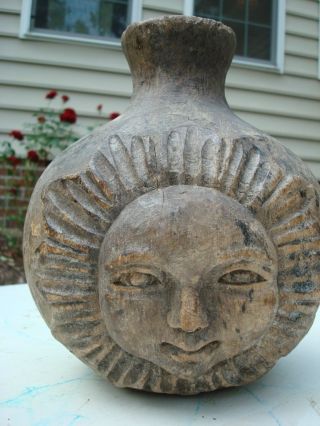 Antique Primitive Hand Carved Wood Sun Vase Paper Mache Mold photo
