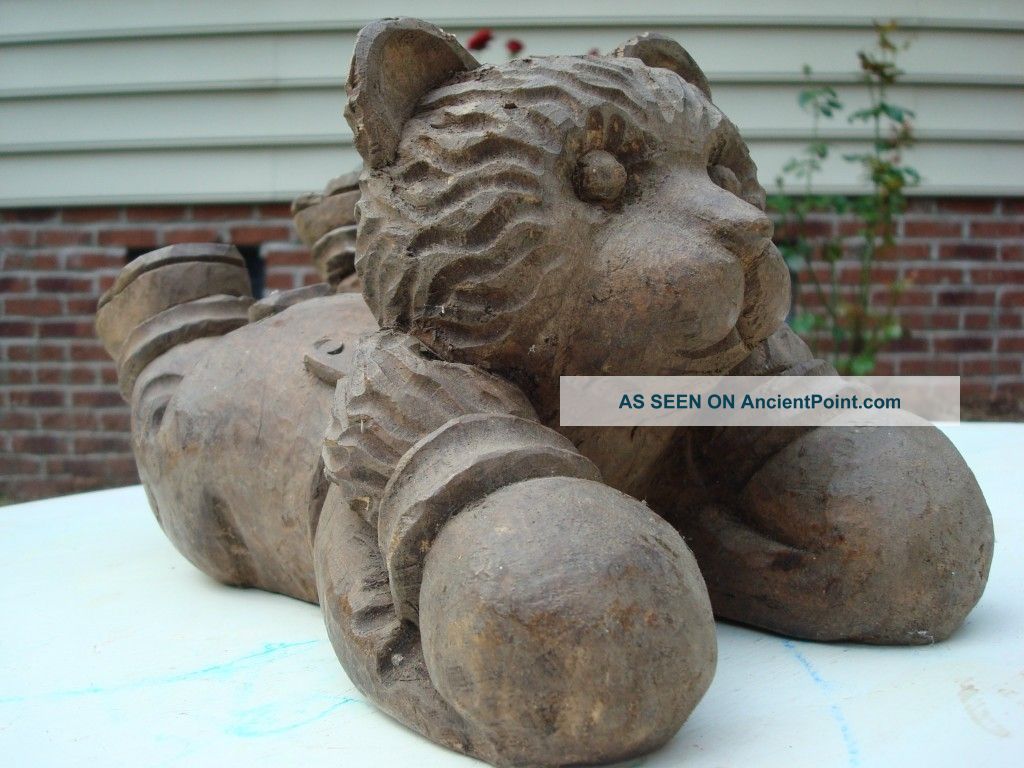 Antique Primitive Hand Carved Wood Playful Bear Paper Mache Mold Primitives photo