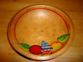 Vintage Primitive Wooden Footed Dough Bowl Hand Painted Fruit photo