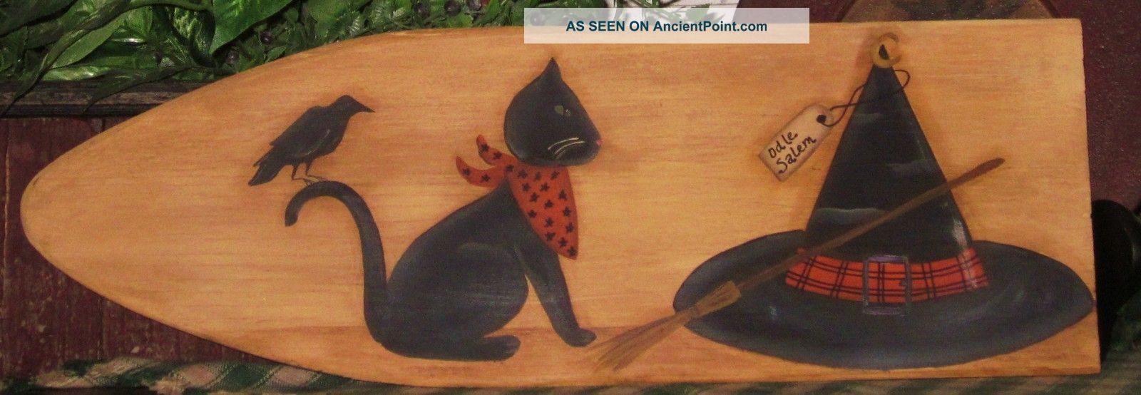 ~ Primitive ~ Hp Folk Art Black Cat ~witch Hat ~crow ~olde Salem ~ Stretcher Primitives photo