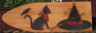 ~ Primitive ~ Hp Folk Art Black Cat ~witch Hat ~crow ~olde Salem ~ Stretcher photo