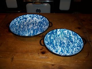 Pair Of Blue/white Swirled Graniteware Candle Pans With Handles - 8 