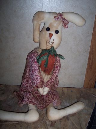 Primitive Grungy Folk Art Rabbit Holding Carrots Doll photo