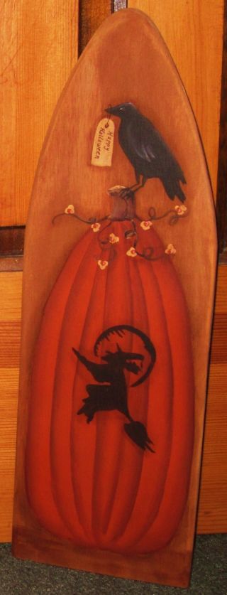 ~ Primitive ~ Hp Folk Art Pumpkin ~ Flying Witch ~ Crow ~halloween ~ Stretcher photo