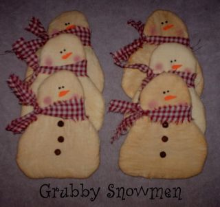 6 Primitive Folk Art Snowmen Ornies / Bowl Fillers Christmas Handmade photo
