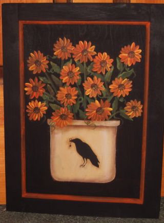 ~ Primitive ~ Hp Folk Art Crock Of Sunflowers ~ Crow~ Fall ~ Door Panel photo
