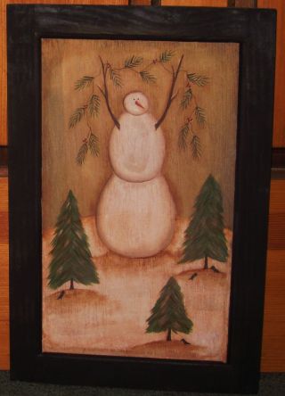 ~ Primitive ~ Hp Folk Art Snowmen W/garland ~ Pine Trees ~crow ~ Door Panel photo