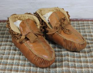 Adorable Antique Leather Ribbon Doll Baby Bear Child Shoes Victorian Era Boots photo