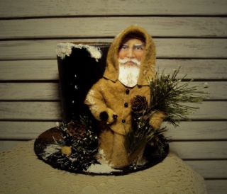 Primitive Folk Art Cotton Batting Santa Doll Snowman Hat Christmas Gathering photo