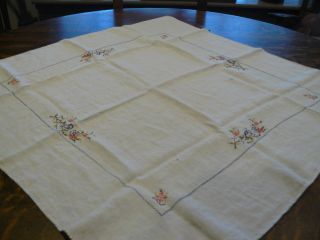 Vintage Linen Textile Embroidered Birds & Flowers Tablecloth photo
