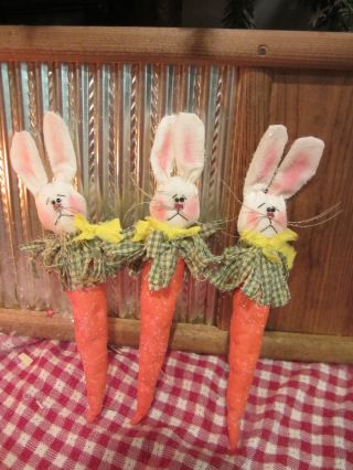 Three Primitive Carrot Bunnies - Ornies Or Bowl Fillers photo