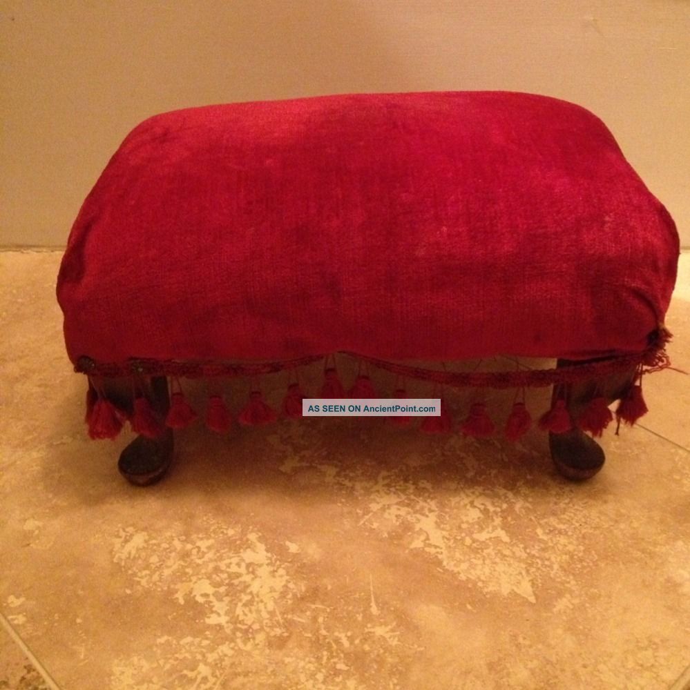 ~antique~victorian Foot Stool~red Velvet~fringe~horsehair & Straw Stuffed~early Primitives photo