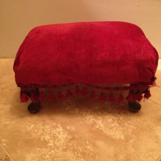 ~antique~victorian Foot Stool~red Velvet~fringe~horsehair & Straw Stuffed~early photo