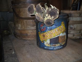 Olde Primitive/antique 4lb.  Progress Roasted Coffee Bucket W/ Dried Sunflowers photo