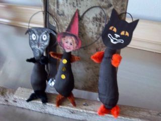 Halloween Ornies Handmade Set 3 Owl Witch Cat Bowl Fillers Ooak photo