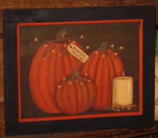 ~ Primitive ~ Hp Folk Art Pumpkins~ Candle~ Bountiful Blessings ~ Door Panel photo