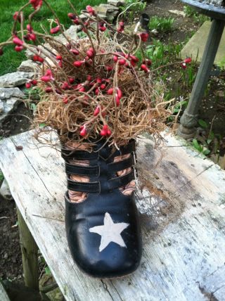 Primitive Antique Shoe With Pip Berries And Stars photo