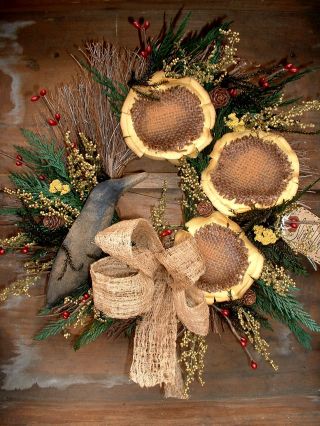 Twig Wreath~sunflowers~crow~grungy Cheesecloth Bow~prim photo