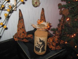 3 Primitive Witch Halloween Grubby Jar & 3 Witch Hat Ornie A Must See photo