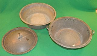 Gray Wood Stove Camping Cookware Metal Antique Mixing Bowls + Lid And photo