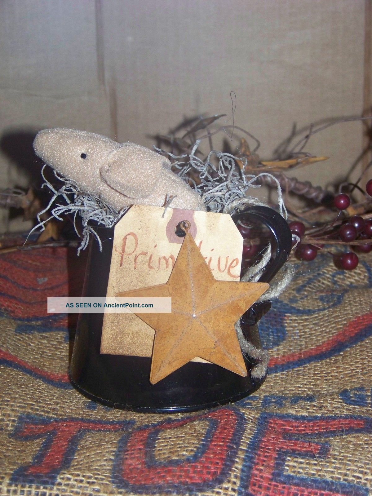 Primitive Farmhouse Gathering Mouse In A Tin Pitcher Primitives photo