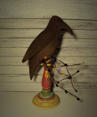 Primitive Folk Art Artist Handmade Black Crow Doll Make Do Bird Handpainted Base photo