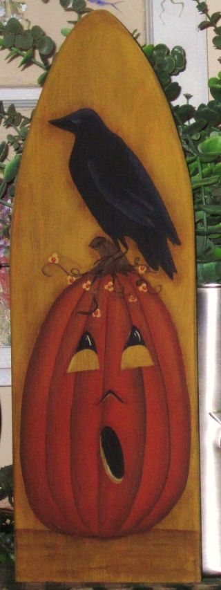 ~ Primitive ~ Hp Folk Art Pumpkin With Crow ~ Stretcher photo