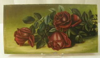 Wonderful American Folk Art Red Rose Flower Painting Signed & Dated 1894 photo