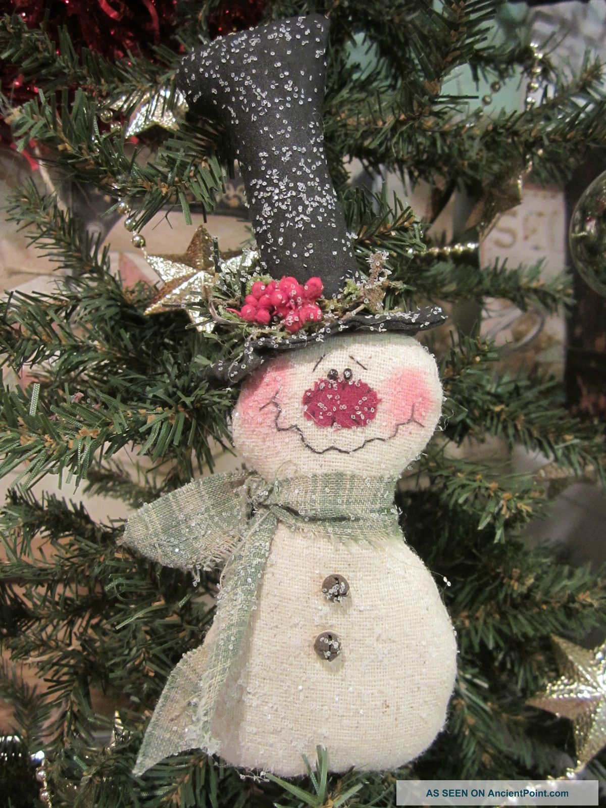 Snowman Ornie - Green Plaid Scarf And Top Hat - Christmas Primitives photo