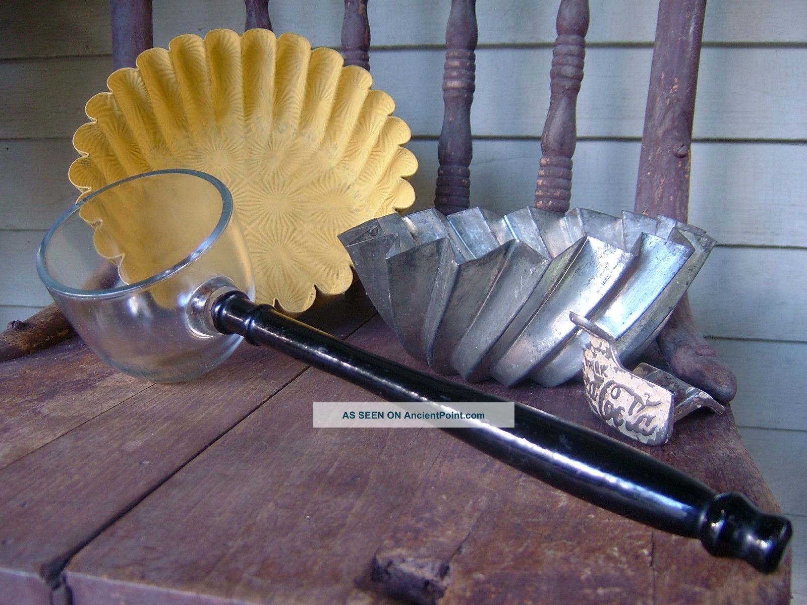 Antique Hand Blown Glass Dipper With Wooden Handle Unique Excellent Primitives photo