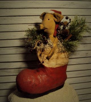 Primitive Folk Art Handmade Santa Boot Pig Ornie Doll Christmas Gathering photo