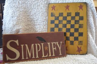Primitive Wood Signs Set/2 Simplify & Checkerboard Mustard Red Black Pine photo