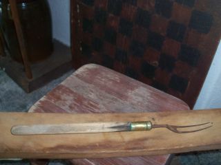 Old Early Hand Forged Brass & Wood Lrg Serving Fork photo