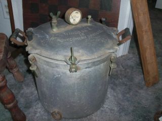 Old 18 - Qt Winsor A Montgomery & Ward & Co.  Pressue Cooker - Wood Handles photo